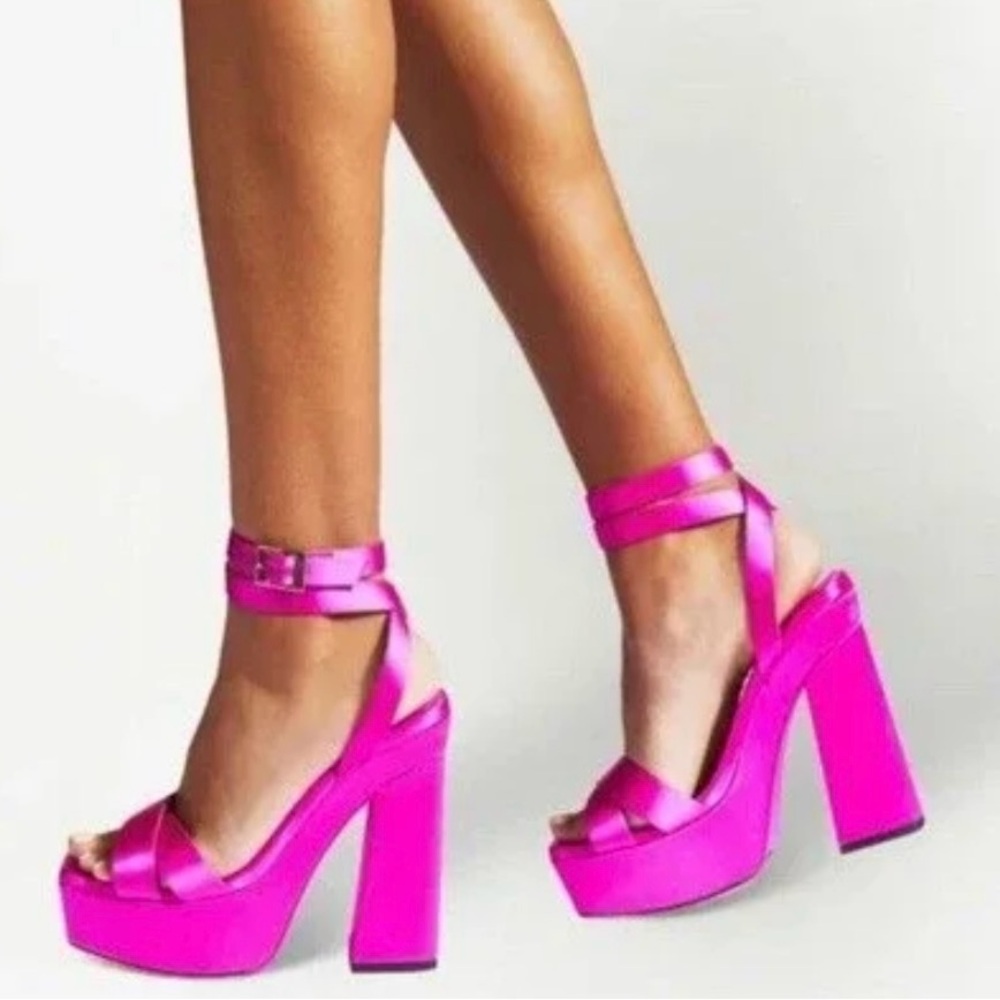 Jimmy Choo Gaia Fuchsia Satin Platform Heels with Ankle Strap